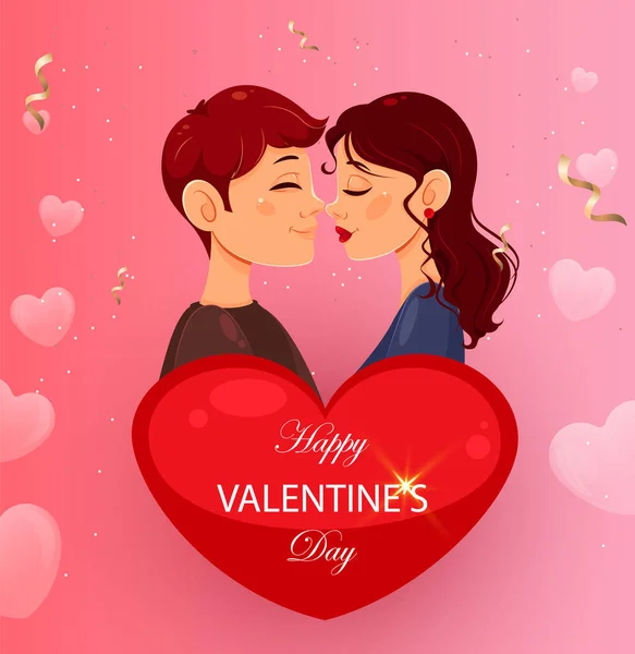 Happy Valentines Day Greeting Card Romantic Couple Standing Red Heart — Stock Vector