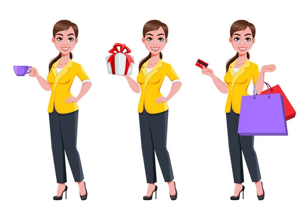 Joven Mujer Negocios Hermosa Conjunto Tres Poses Lindo Personaje Dibujos — Archivo Imágenes Vectoriales