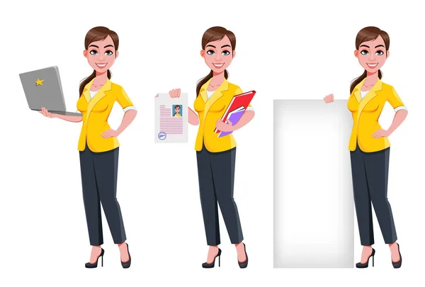 Young Beautiful Business Woman Set Three Poses Cute Businesswoman Cartoon — Stock Vector