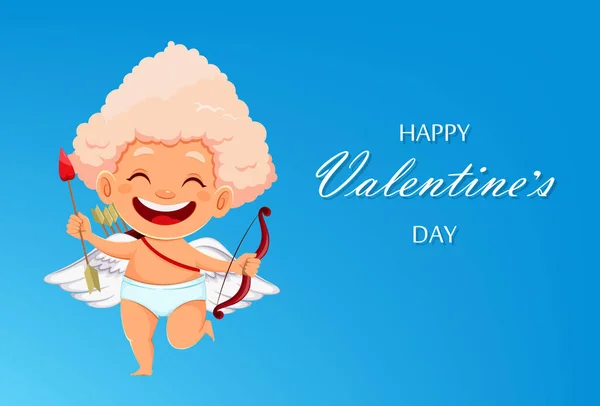 Šťastný Valentýn Blahopřání Roztomilou Legrační Amor Angel Drží Luk Šíp — Stockový vektor