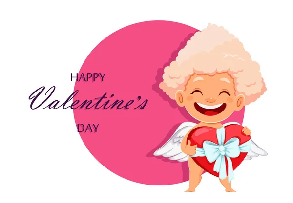 Šťastný Valentýn Přání Roztomilou Legrační Amor Angel Drží Dárkovou Krabici — Stockový vektor