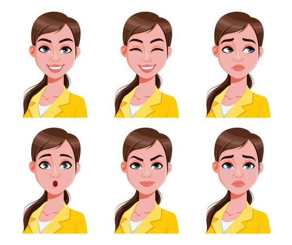 Face Expressions Cute Woman Yellow Blouse Different Female Emotions Set — Stock Vector