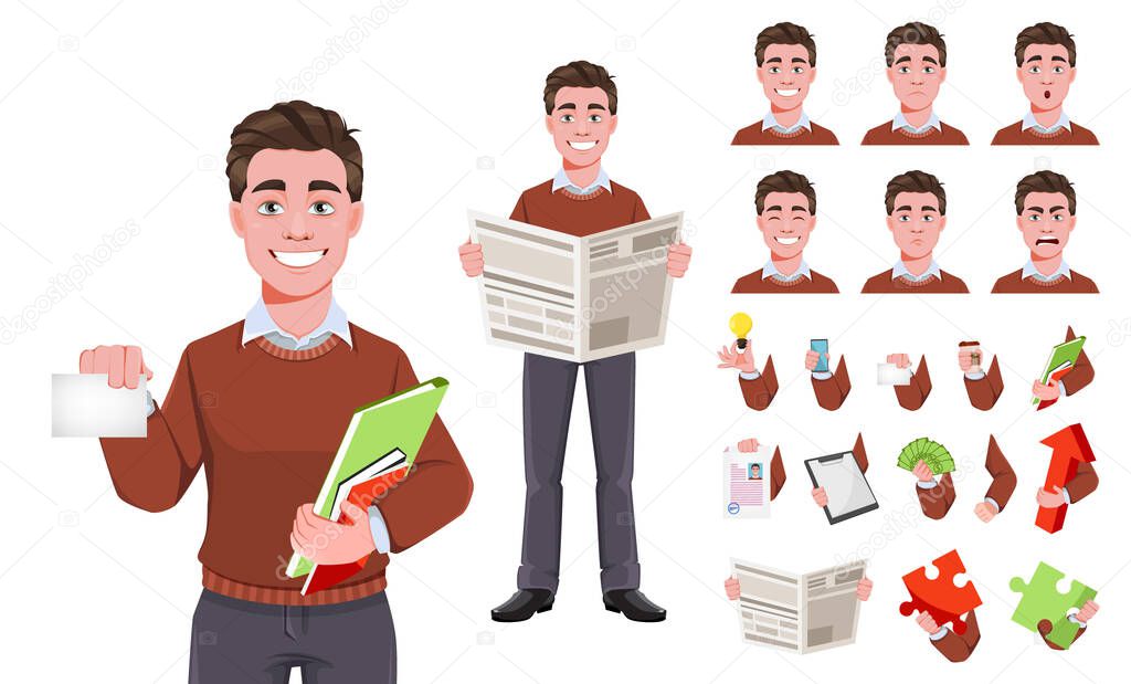 Stock vector successful business man, pack of body parts, emotions and things. Build your personal design. Manager character design. Flat style vector illustration isolated on white