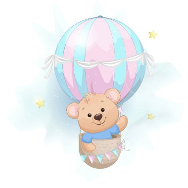 Hava balonunda uçan sevimli küçük ayı. Sevimli ayı çizgi film karakteri. Stok vektör illüstrasyonu