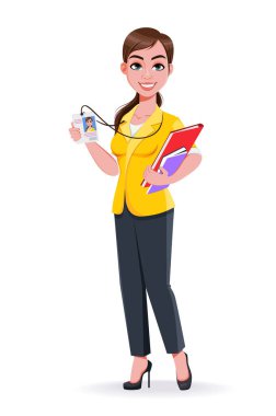 Genç ve güzel bir iş kadını kimlik kartını tutuyor. Düz stil içinde sevimli bir iş kadını çizgi film karakteri. Stok vektör illüstrasyonu