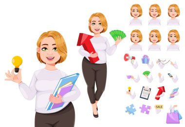 Genç ve boyunda güzel bir kadın. Güzel şişman iş kadını, vücut parçaları, duygular ve diğer şeyler. Kişisel tasarımını yap. Stok vektör illüstrasyonu