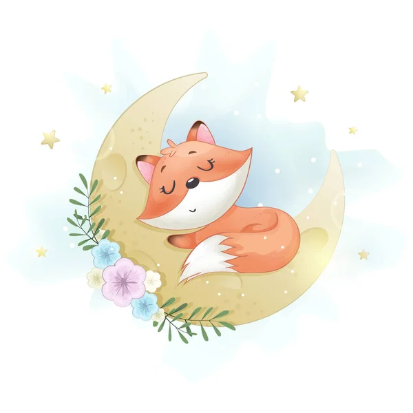 Stock Vector Cute Little Foxy Sleeping Moon Funny Cartoon Character — Stock Vector