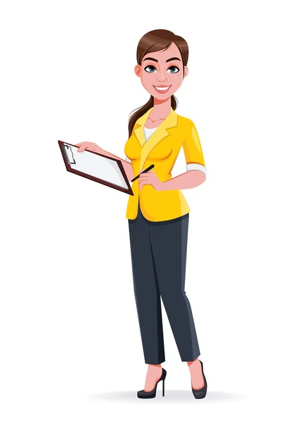 Junge Schöne Geschäftsfrau Mit Klemmbrett Nette Geschäftsfrau Cartoon Figur Flachen — Stockvektor
