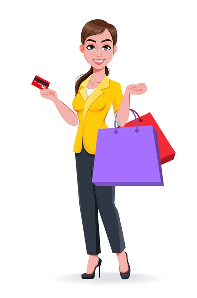 若い美しいビジネス女性 ショッピングコンセプト フラットスタイルでかわいい実業家の漫画のキャラクター ストックベクトルイラスト — ストックベクタ