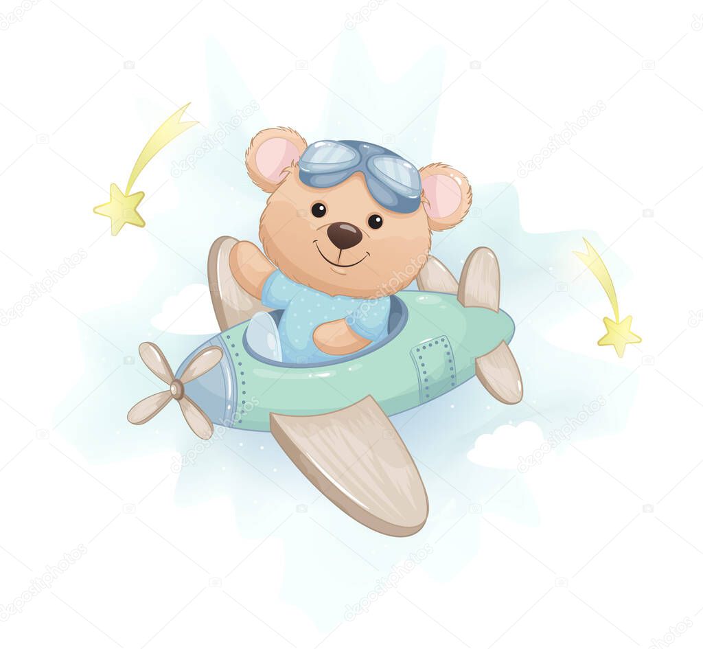 Cute little bear flying on plane. Adorable bear cartoon character. Stock vector illustration on white background