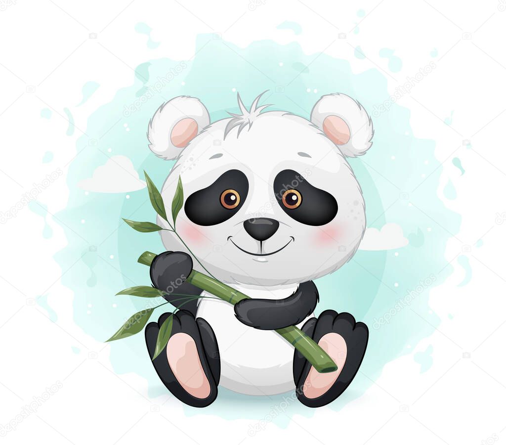 Stock vector. Cute little panda holding bamboo. Funny cartoon character. Vector illustration