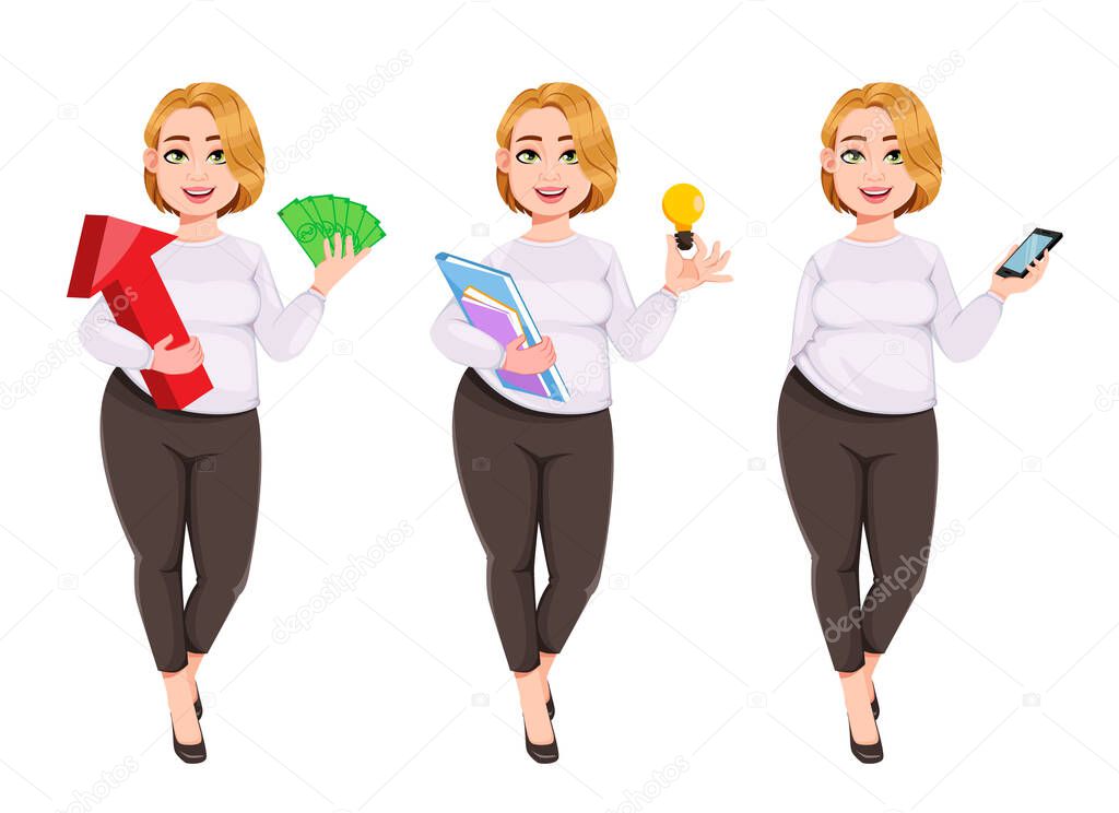 Young plus size pretty woman. Beautiful overweight businesswoman, set of three poses. Stock vector illustration isolated on white