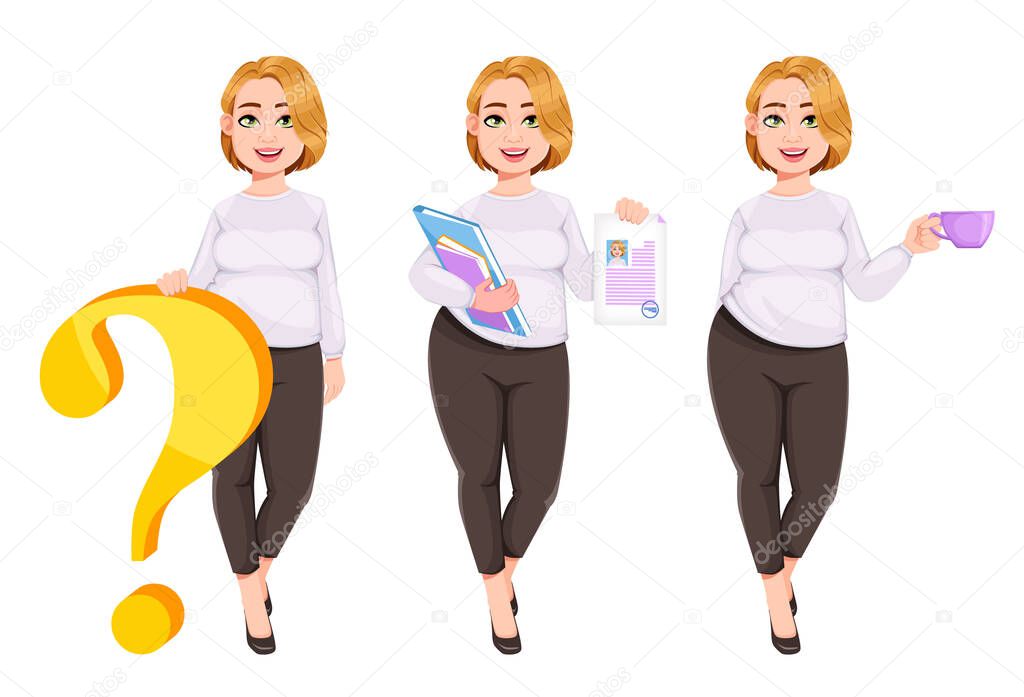 Young plus size pretty woman standing near big question mark, holding resume and holding a cup of coffee. Beautiful overweight businesswoman. Stock vector illustration