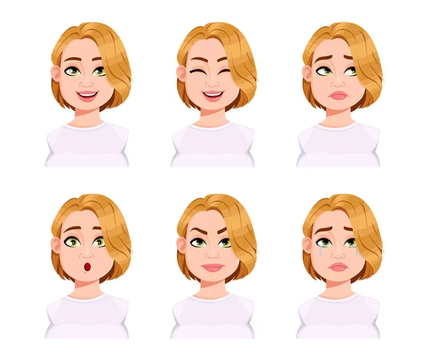Expressões Faciais Mulher Bonito Size Diferentes Emoções Femininas Bonito Personagem — Vetor de Stock
