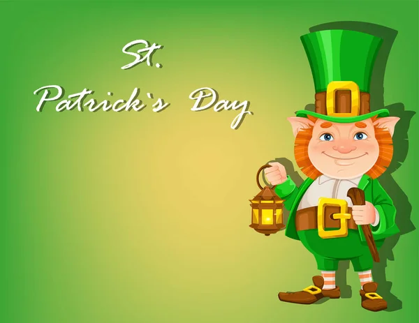 Een Vectorleprechaun Happy Patrick Day Wenskaart Groene Achtergrond Vrolijke Kabouter — Stockvector