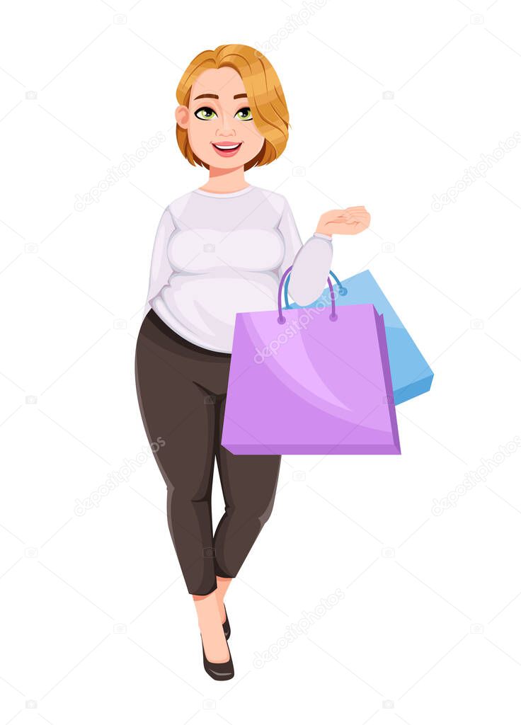 Young plus size pretty woman. Beautiful overweight businesswoman going shopping. Stock vector illustration