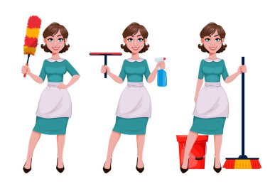 Genç, neşeli bir hizmetçi, anne, güzel, başarılı bir kadın. Neşeli bayan, önlüklü ev hanımı temizliğe hazırlanıyor, üç pozlu. Stok vektör illüstrasyonu
