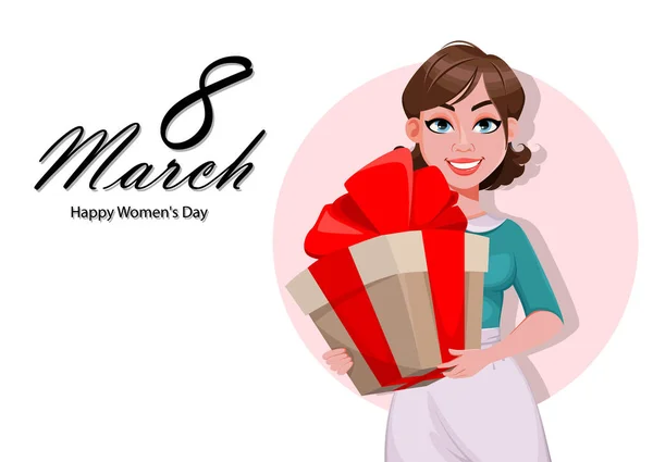 Щасливий Жіночий День Вітальна Листівка Красива Жінка Фартусі Тримає Велику — стоковий вектор