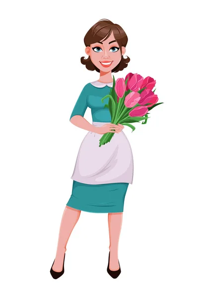 Glücklicher Frauentag Schöne Frau Schürze Mit Einem Strauß Tulpen Glückliche — Stockvektor