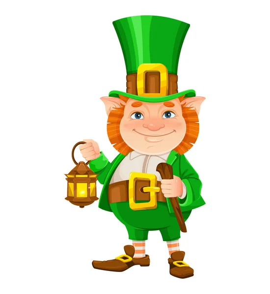 株式ベクトルLeprechown 聖パトリックの日だ 提灯や杖を持つ陽気なLeprechown漫画のキャラクター — ストックベクタ