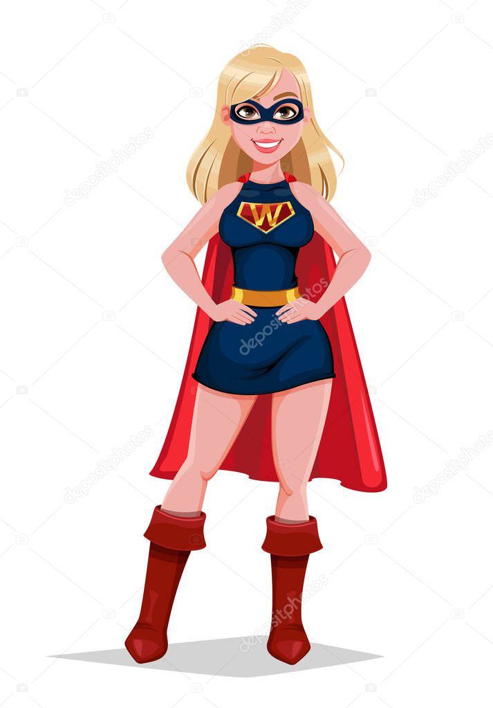 Stock vector superhero woman cartoon character. Beautiful blond woman in super hero costume. Usable for 8 March, Women's day, Mother's day