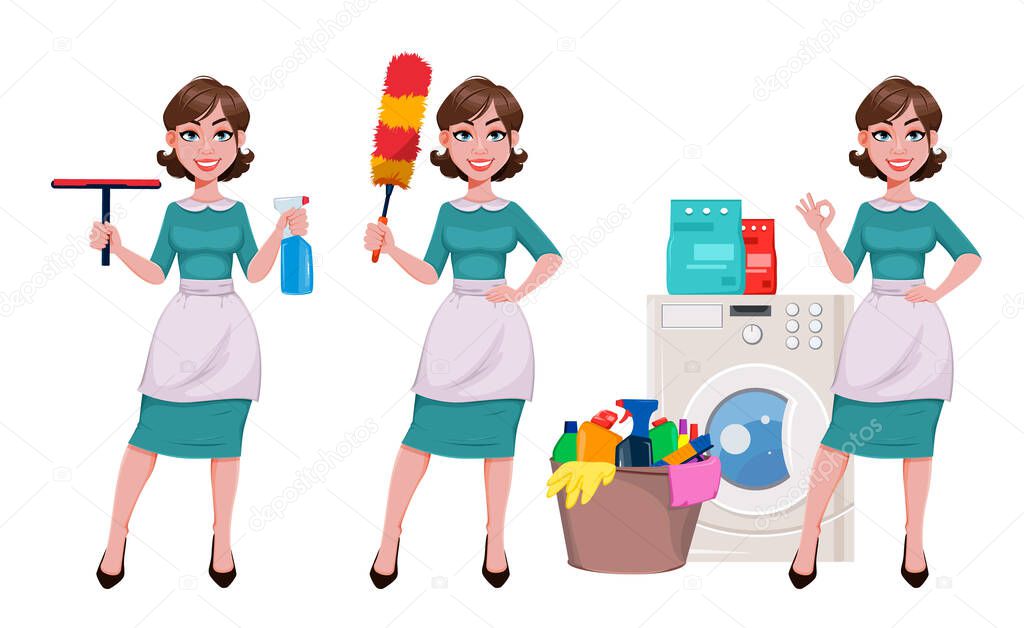 Young cheerful housekeeper, mother, beautiful successful woman. Cheerful lady, housewife in apron, set of three poses. Stock vector illustration 