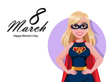 Stock vector superhero woman cartoon character. Happy Women's day greeting card. Beautiful blond woman in super hero costume. Usable for Mother's day clipart