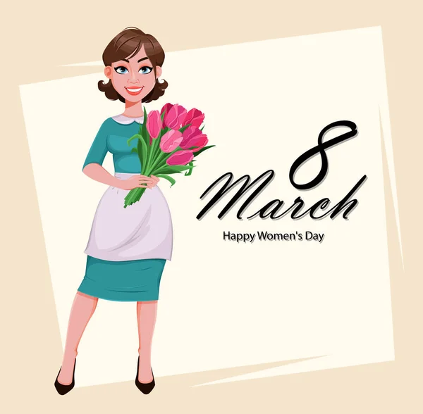 Happy Women Apos Kartu Ucapan Hari Wanita Cantik Celemek Memegang - Stok Vektor