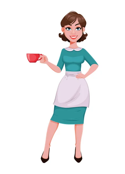 若い陽気な家政婦 美しい成功した女性 コーヒーを飲みながらエプロンで陽気な女性 ストックベクトルイラスト — ストックベクタ