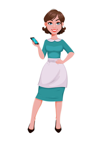 Young cheerful housekeeper, mother, beautiful successful woman. Cheerful lady in apron making a call. Stock vector illustration