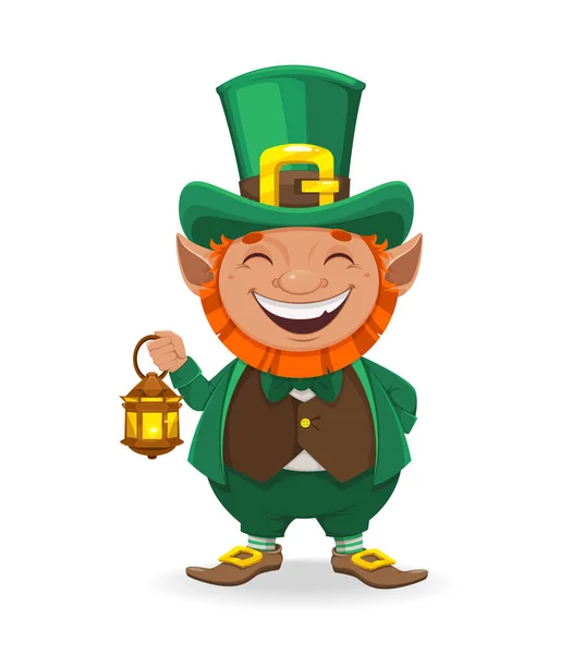 株式ベクトルLeprechown 聖パトリックの日だ 提灯を持つ陽気なLeprechown漫画のキャラクター — ストックベクタ