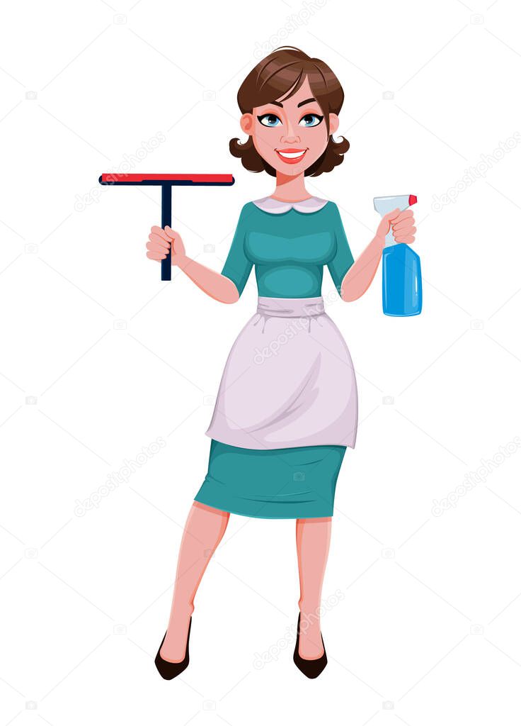 Young cheerful housekeeper, mother, beautiful successful woman. Cheerful lady in apron holding window squeegee. Stock vector illustration