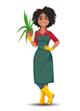 Genç Afrikalı Amerikalı bahçıvan kadın. Güzel kadın çiftçi çizgi film karakteri saksıda bitki tutuyor.