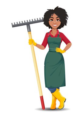 Genç Afrikalı Amerikalı bahçıvan kadın. Güzel kadın çiftçi çizgi film karakteri tırmık tutuyor.