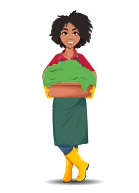 Genç Afrikalı Amerikalı bahçıvan kadın. Güzel kadın çiftçi çizgi film karakteri büyük yeşil bir bitkiyle duruyor. 