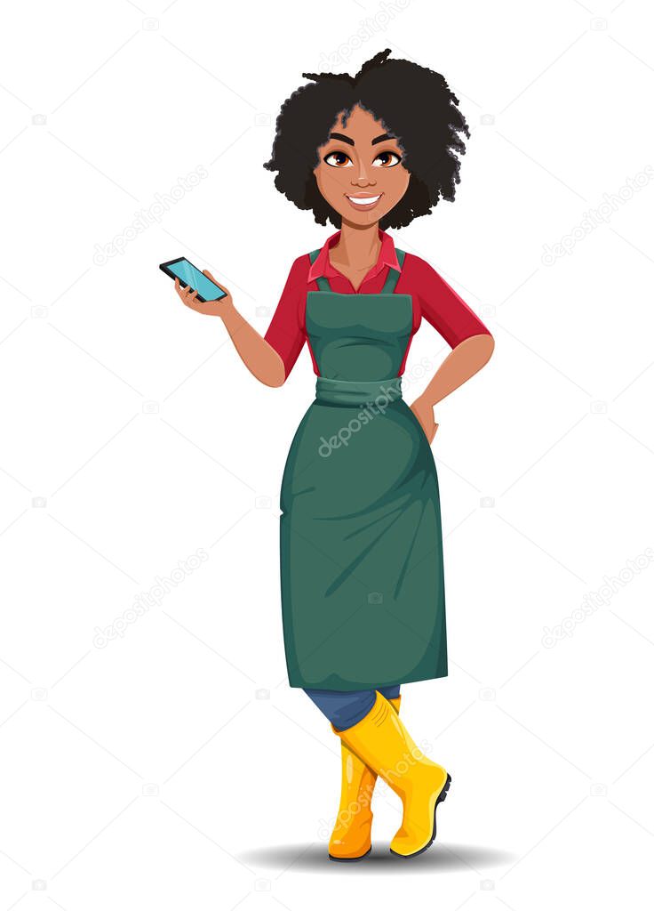Stock vector young African American gardener woman. Beautiful lady farmer cartoon character holding smartphone