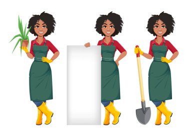 Hisse senedi vektörü genç Afrikalı Amerikalı bahçıvan kadın, üç poz. Beyaz arka planda güzel bir çiftçi çizgi film karakteri.