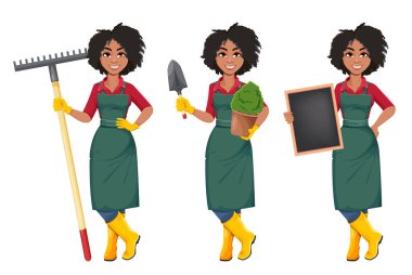 Hisse senedi vektörü genç Afrikalı Amerikalı bahçıvan kadın, üç poz. Güzel kadın çiftçi çizgi film karakteri