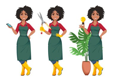 Hisse senedi vektörü genç Afrikalı Amerikalı bahçıvan kadın, üç poz. Profesyonel üniformalı güzel çiftçi çizgi film karakteri.