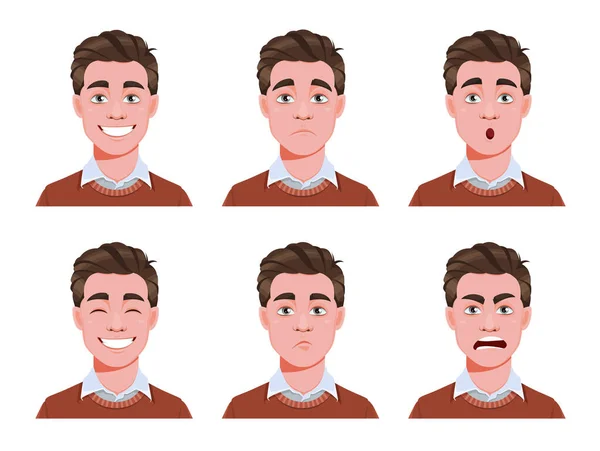 英俊男子的面部表情 不同的男性情绪 年轻人卡通人物 种群矢量说明 — 图库矢量图片