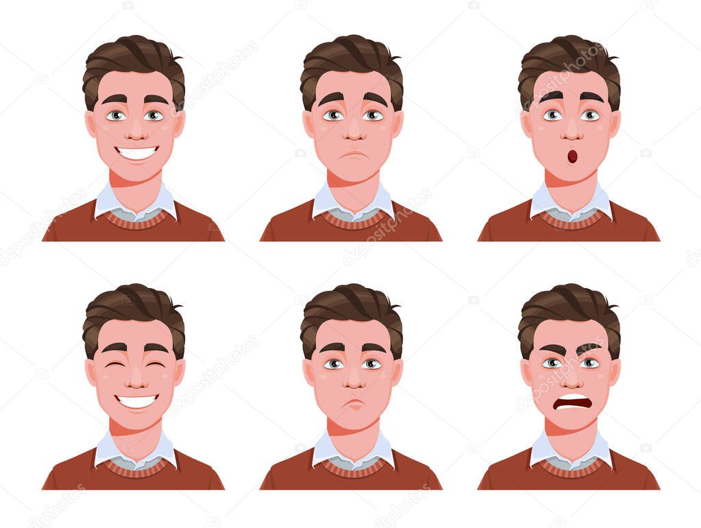 Face expressions of handsome man. Different male emotions set. Young guy cartoon character. Stock vector illustration