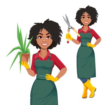 Hisse senedi temsilcisi genç Afrikalı Amerikalı bahçıvan kadın, iki poz. Güzel kadın çiftçi çizgi film karakteri