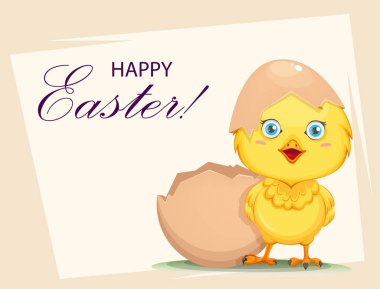 Yumurtadan çıkan tatlı bir civciv. Mutlu Paskalya tebrik kartları. Kabuklu komik tavuk yavrusu. Stok vektör illüstrasyonu 