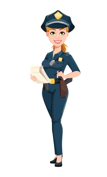 Police Woman Uniform Female Police Officer Cartoon Character Holding Notepad — Stock Vector