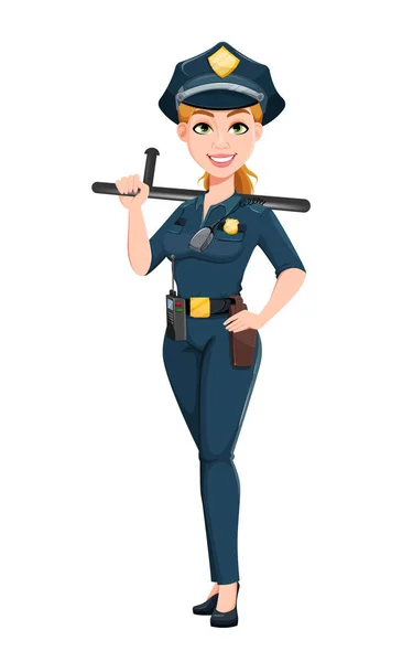 Mulher Polícia Uniforme Mulher Policial Personagem Desenho Animado Segurando Bastão — Vetor de Stock