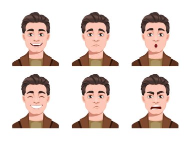 Yakışıklı bir adamın yüz ifadeleri. Farklı erkek duyguları. Genç adam çizgi film karakteri. Beyaz arkaplanda stok vektör illüstrasyonu