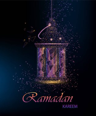 Ramazan Kareem. Geleneksel Arap fenerli güzel tebrik kartı. Çokgen sanat. Koyu arkaplanda stok vektör illüstrasyonu