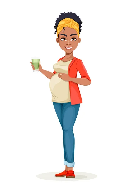 Piękna Afroamerykanka Ciąży Trzyma Smoothie Szczęśliwa Postać Kreskówki Ilustracja Wektora — Wektor stockowy