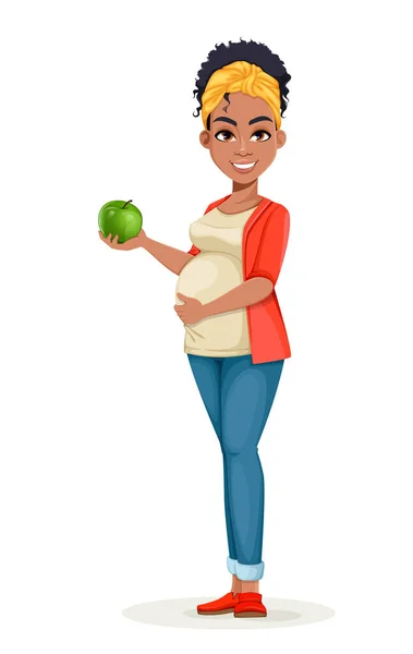 Piękna Afroamerykanka Ciąży Trzyma Świeże Zielone Jabłko Szczęśliwa Postać Kreskówki — Wektor stockowy