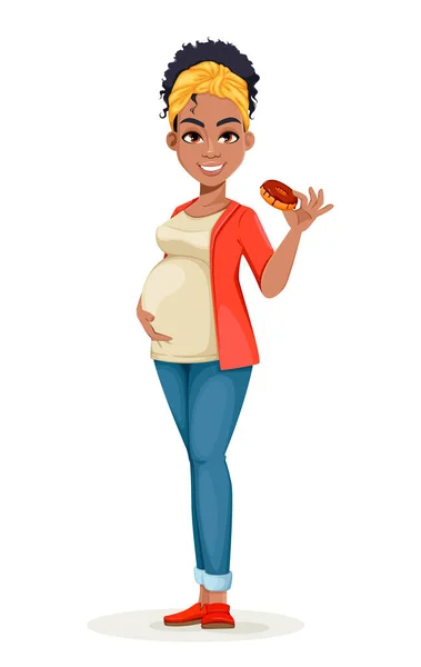 Piękna Afroamerykanka Ciąży Trzymająca Smacznego Pączka Szczęśliwa Postać Kreskówki Ilustracja — Wektor stockowy